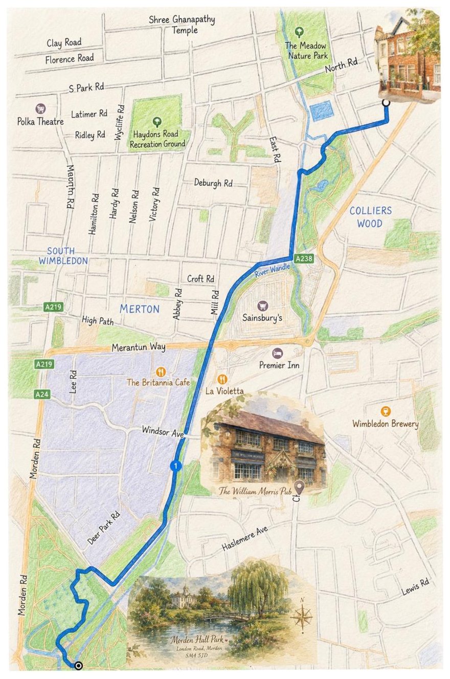 Hand-drawn map of the walk from Miller Road along the Wandle Trail to Morden Hall Park, with the William Morris pub marked